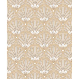   Levelekból és szirmokból kialakított organikus Art Deco minta sárga bézs fehér és arany tónus fénylő mintarajzolat tapéta