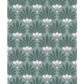   Levelekból és szirmokból kialakított organikus Art Deco minta zöld sötétzöld fehér és ezüst tónus fénylő mintarajzolat tapéta