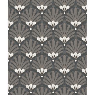   Levelekból és szirmokból kialakított organikus Art Deco minta fekete szürke fehér és arany tónus fénylő mintarajzolat tapéta