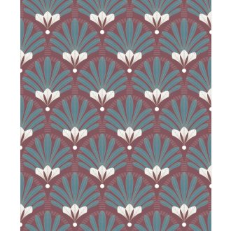   Levelekból és szirmokból kialakított organikus Art Deco minta bordópiros zöld fehér és arany tónus fénylő mintarajzolat tapéta