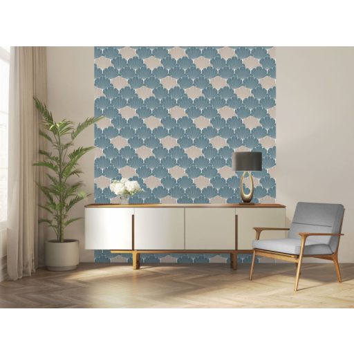 Stilizált levelekkel kialakított organikus Art Deco minta zöld szürke és fényes arany tónus fénylő mintarészletek tapéta