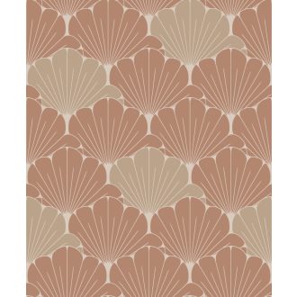   Stilizált levelekkel kialakított organikus Art Deco minta matt narancs/barna bézs és fényes arany tónus fénylő mintarészletek tapéta