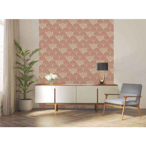 Stilizált levelekkel kialakított organikus Art Deco minta matt narancs/barna bézs és fényes arany tónus fénylő mintarészletek tapéta