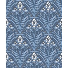   Stilizált modern levélminta gyönyvirágokkal - grafikus botanikus minta sötétkék kék szürkéskék krém és bézs tónus tapéta