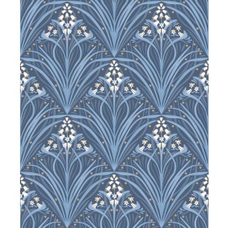   Stilizált modern levélminta gyönyvirágokkal - grafikus botanikus minta sötétkék kék szürkéskék krém és bézs tónus tapéta