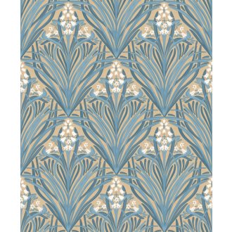   Stilizált modern levélminta gyönyvirágokkal - grafikus botanikus minta sárga zöld kék és törtfehér tónus tapéta