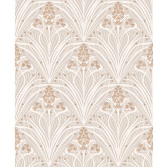   Stilizált modern levélminta gyönyvirágokkal - grafikus botanikus minta bézs krémfehér és matt narancs tónus tapéta