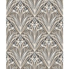   Stilizált modern levélminta gyönyvirágokkal - grafikus botanikus minta fekete barna bézs és krémfehér tónus tapéta