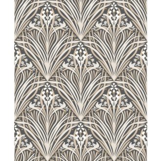   Stilizált modern levélminta gyönyvirágokkal - grafikus botanikus minta fekete barna bézs és krémfehér tónus tapéta