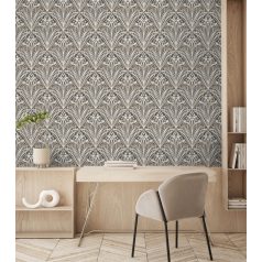   Stilizált modern levélminta gyönyvirágokkal - grafikus botanikus minta fekete barna bézs és krémfehér tónus tapéta