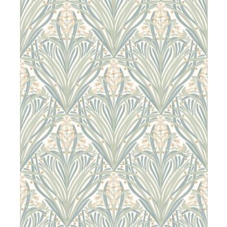   Stilizált modern levélminta gyönyvirágokkal - grafikus botanikus minta krém zöld kék és sárga tónus tapéta