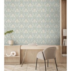   Stilizált modern levélminta gyönyvirágokkal - grafikus botanikus minta krém zöld kék és sárga tónus tapéta