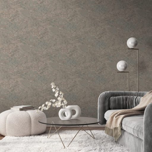 Durva csillogó texturált beton/vakolat minta szürke szürkészöld antracit aranybarna és roségold tónus csillogó szemcsék tapéta