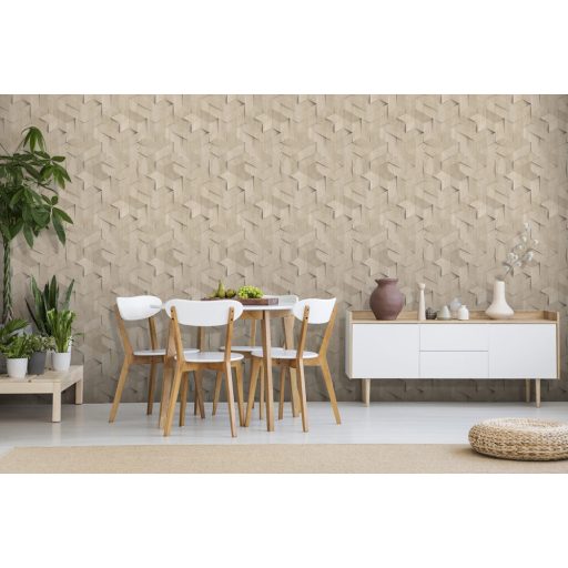 Fahasábok háromdimenziós geometriai texturált mintája bézs barna szürkésbézs és antracit tónus tapéta