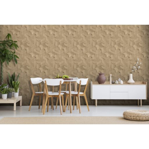 Fahasábok háromdimenziós geometriai texturált mintája bézs barna sárgásbarna és sötétbarna tónus tapéta