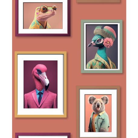 Állati! Emberi testett öltött madár és állatportrék mintája tégla/korallpiros zöld pink szines tapéta