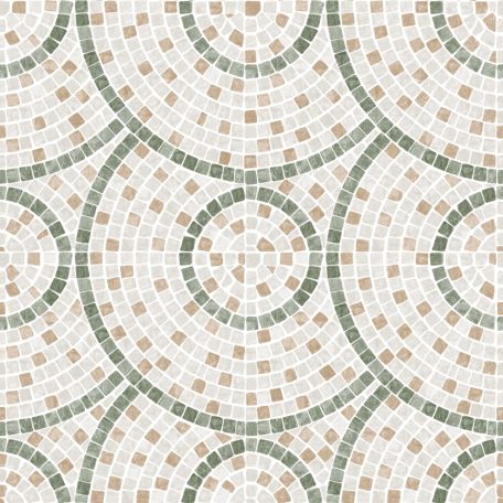 Apró darabokból kirakott nagyformátumú koncentrikus mozaik minta fehér szürke barna és olívzöld tónus tapéta