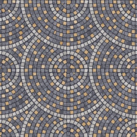 Apró darabokból kirakott nagyformátumú koncentrikus mozaik minta szürke sötétszürke fekete és sárga/aranysárga tónus tapéta