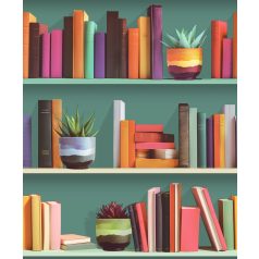   Olvasni jó! Avantgarde könyvespolc színes könyvekkel és vázákkal/növényekkel zöld és sokszínű tónus tapéta