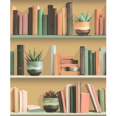   Olvasni jó! Avantgarde könyvespolc színes könyvekkel és vázákkal/növényekkel sárga és sokszínű tónus tapéta