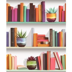   Olvasni jó! Avantgarde könyvespolc színes könyvekkel és vázákkal/növényekkel fehér és sokszínű tónus tapéta