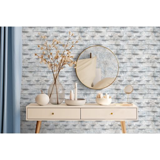 Lamellaszerű vízszintes csíkokba rendezett valósághű 3D márványminta törtfehér szürke szürkéskék barna és sötétszürke tónus tapéta