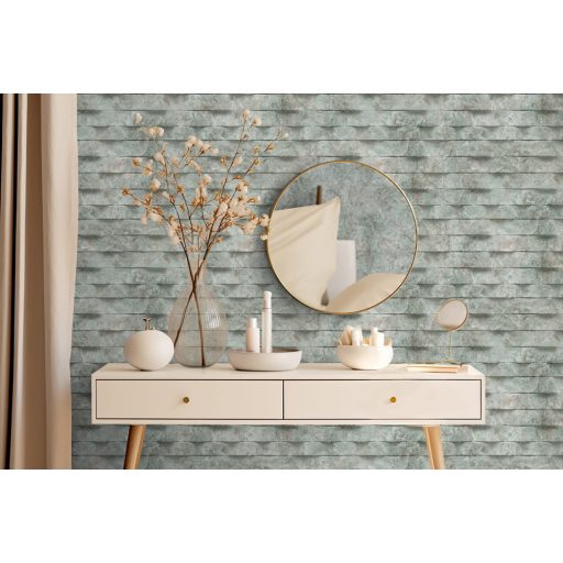 Lamellaszerű vízszintes csíkokba rendezett valósághű 3D márványminta zöld szürke szürkészöld vörös és sötétszürke tónus tapéta