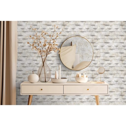 Lamellaszerű vízszintes csíkokba rendezett valósághű 3D márványminta fehér világosszürke bézs/bézsarany és sötétszürke tónus tapéta