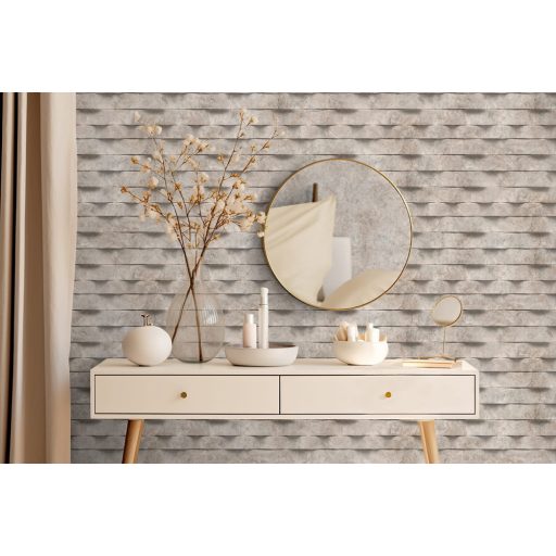 Lamellaszerű vízszintes csíkokba rendezett valósághű 3D márványminta szürkésbézs barna szürkésbarna és szürkéskék és sötétszürke tónus tapéta