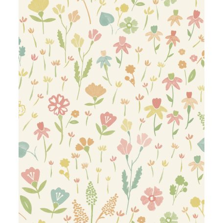Bódító tavaszi zsongás - színes vadvirágok naív ábrázolásban fehér zöld kék sárga és rózsaszín tónus tapéta