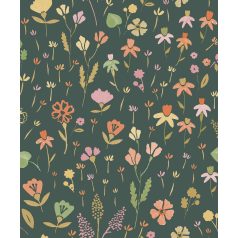   Bódító tavaszi zsongás - színes vadvirágok naív ábrázolásban sötétzöld sárga rózsaszín zöld és narancs tónus tapéta