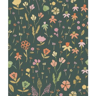   Bódító tavaszi zsongás - színes vadvirágok naív ábrázolásban sötétzöld sárga rózsaszín zöld és narancs tónus tapéta