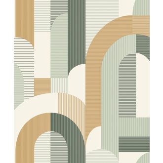   Mozgalmas ívelt formákkal kialakított és változatos csíkozású Art Deco minta fehér sötétzöld zöld és barna tónus tapéta