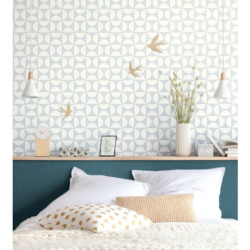 Natur dekoratív csempeminta krémfehér világos szürkéskék csillogó fémes arany tapéta