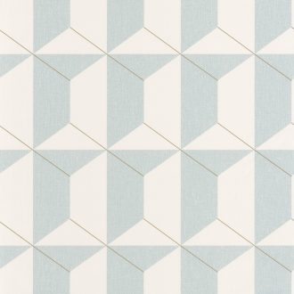 háromdimenziós hatású csempeminta krémfehér halvány kékeszöld fémes csillogó arany tapéta