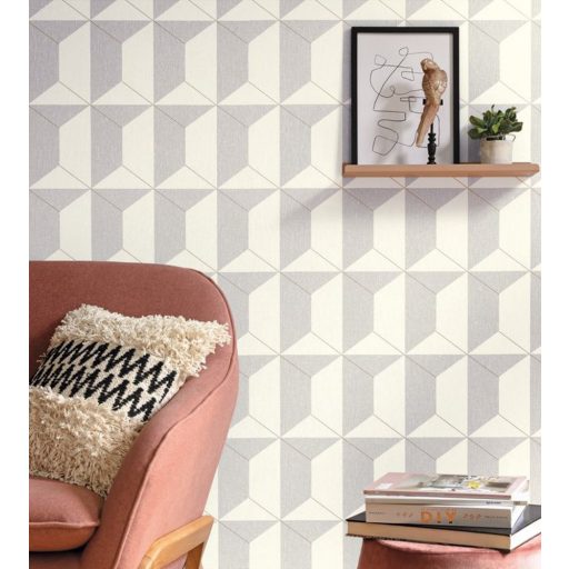 háromdimenziós hatású csempeminta krémfehér füstszürke fémes csillogó arany tapéta