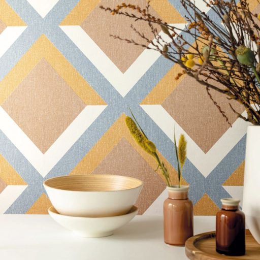 Caselio Moove 101343030  GROOVE Geometrikus 3D "koncentrikus" négyzetek krémfehér kék sárga barna tapéta