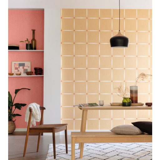 Rácsos formatervezés szalagszerű mintával fehér meleg sárga rózsaszín arany gombokkal tapéta