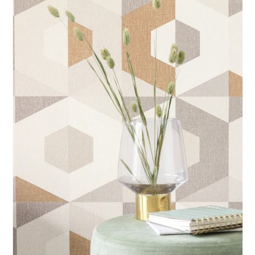 ultramodern megjelenítésű síkidomok fehér krém szürkésbézs barna fémes arany tapéta