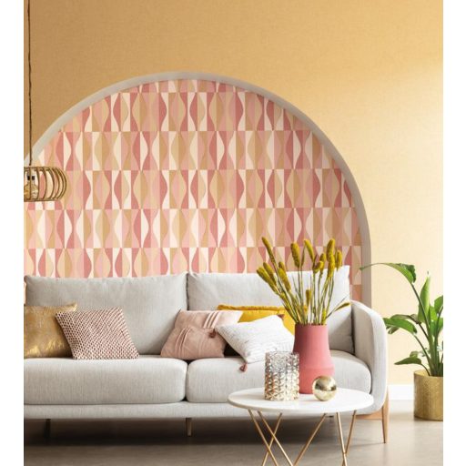 Geometrikus "hullámos" csempeminta fehér rózsazsín sárga bézs fémes arany tapéta