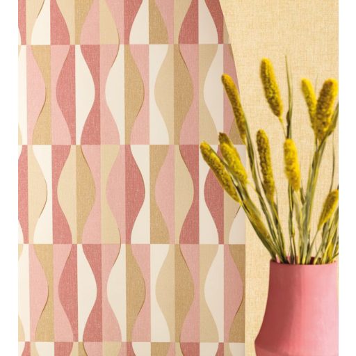 Geometrikus "hullámos" csempeminta fehér rózsazsín sárga bézs fémes arany tapéta
