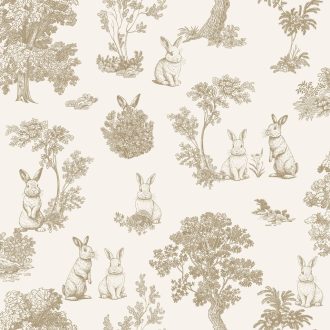   Az elegancia nagymesterei - "Toile de Jouy" nyuszik mesteri mintája krém bézs capuccino és mogyoróbarna tónus gyerekszobai tapéta