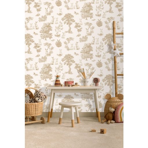 Az elegancia nagymesterei - "Toile de Jouy" nyuszik mesteri mintája krém bézs capuccino és mogyoróbarna tónus gyerekszobai tapéta