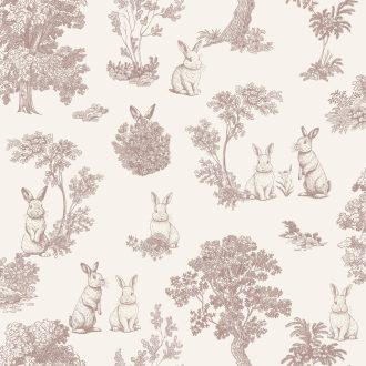   Az elegancia nagymesterei - "Toile de Jouy" nyuszik mesteri mintája krém porrózsaszín és mályva tónus gyerekszobai tapéta