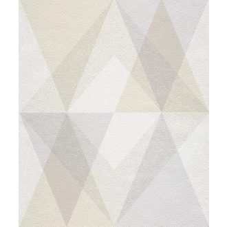   Háronszögek rombuszokká alakuló ritmikus 3D mintája törtfehér krém homokbézs és halvány szürke tónus tapéta