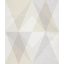 Háronszögek rombuszokká alakuló ritmikus 3D mintája törtfehér krém homokbézs és halvány szürke tónus tapéta