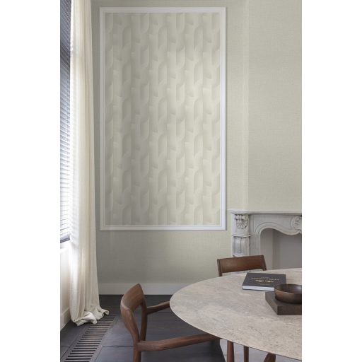 Ívelt formákből épülő art deco hatású geometriai design törtfehér és lágy homok-bézs tónus tapéta