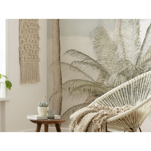 Nosztalgikus hangulatú pálmák az oázisban fehér bézs barna szürke kék és zöldeskék tónusok falpanel/digitális nyomat