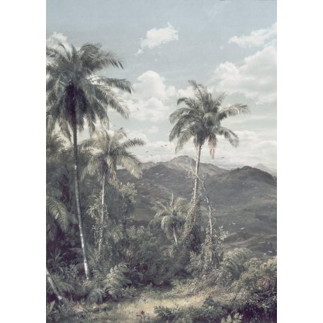 Hódítóknak és kalandoroknak - Robinson Crusoe trópusi szigetét idéző minta szürke zöld lila fehér és felhőkék falpanel/digitális nyomat