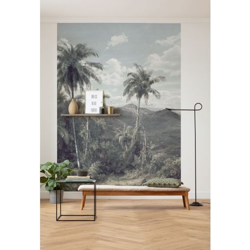 Hódítóknak és kalandoroknak - Robinson Crusoe trópusi szigetét idéző minta szürke zöld lila fehér és felhőkék falpanel/digitális nyomat